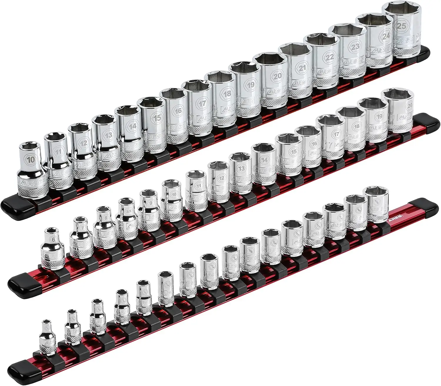 3-Piece Aluminum Socket Organizer Set - 1/4, 3/8, 1/2 Inch Drive Rails Hold 48 Sockets for Tool Box
3-Piece Aluminum Socket Organizer Set - 1/4, 3/8, 1/2 Inch Drive Rails Hold 48 Sockets for Tool Box