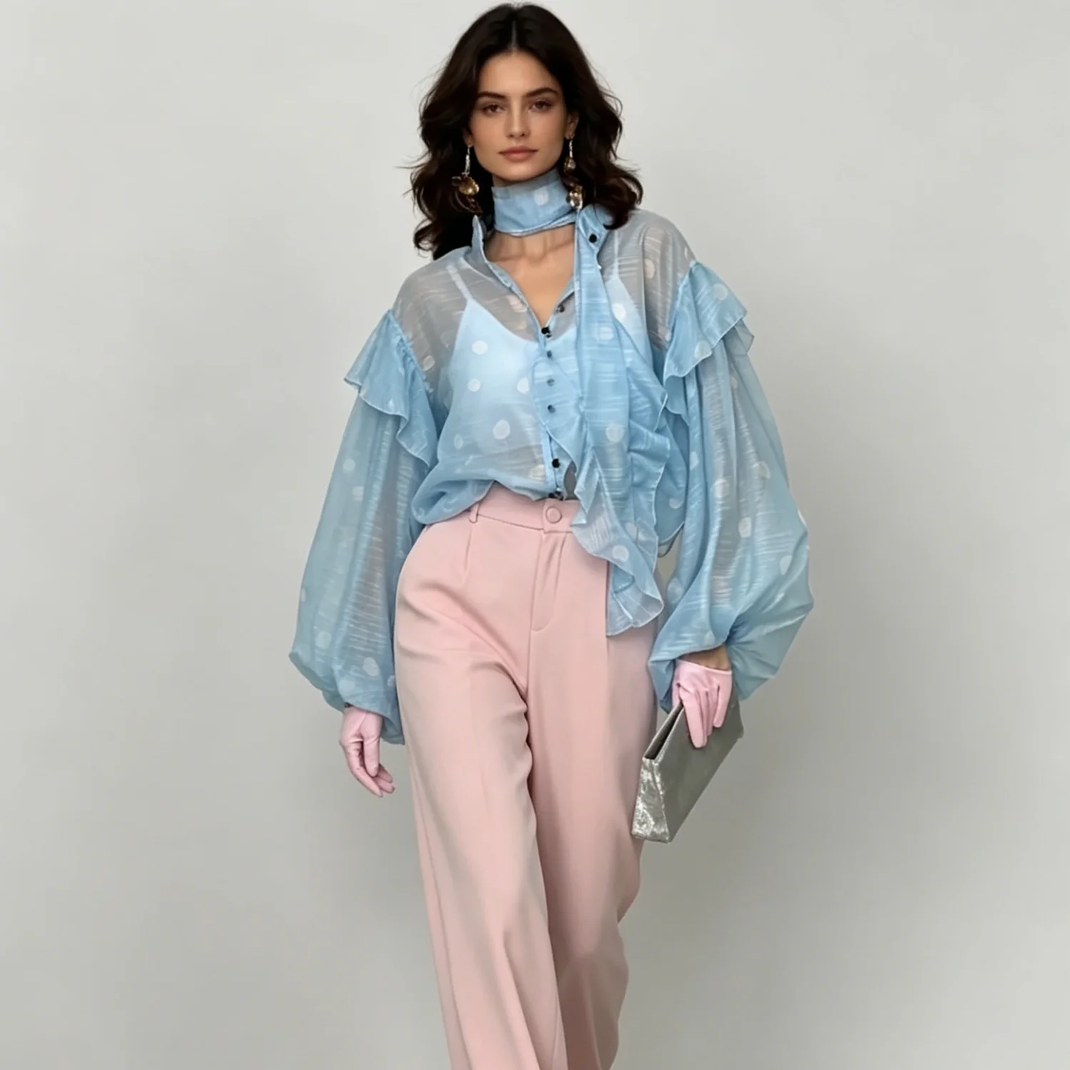 PUAL Women polka dot sheer blouse,ruffle trim balloon sleeve with neck tie,lightweight see-through shirt for casual daily outfit
PUAL Women polka dot sheer blouse,ruffle trim balloon sleeve with neck tie,lightweight see-through shirt for casual daily outfit
