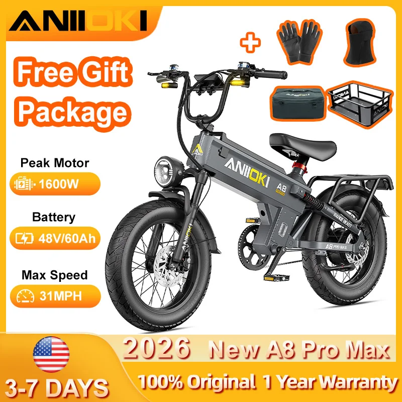 2026 New 1600W Peak Motor Electric Bike 48V 60Ah Battery E Bike 28mph Electric Bicycle 20"*4" Fat Tires ANIIOKI Ebike
2026 New 1600W Peak Motor Electric Bike 48V 60Ah Battery E Bike 28mph Electric Bicycle 20"*4" Fat Tires ANIIOKI Ebike