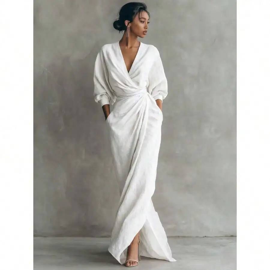 Elegant Solid Color V Neck Long Sleeve Wrap Midi Dress With Side Slit For Women
Elegant Solid Color V Neck Long Sleeve Wrap Midi Dress With Side Slit For Women