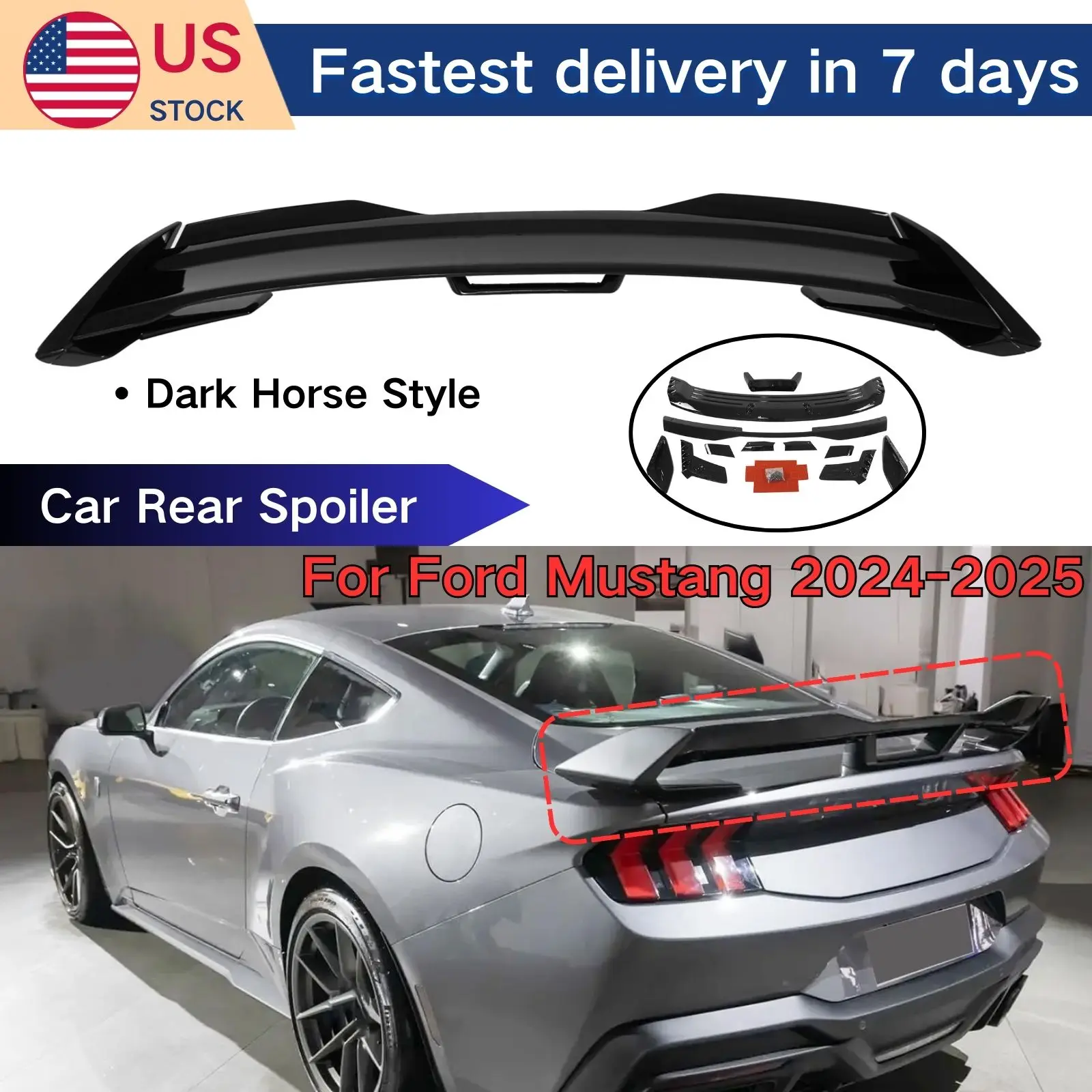 For 2024-2025 Ford Mustang GT/EcoBoost Dark Horse Style Rear Wing Car Rear Spoiler Carbon Fiber Print Car Accessories Body Kit
For 2024-2025 Ford Mustang GT/EcoBoost Dark Horse Style Rear Wing Car Rear Spoiler Carbon Fiber Print Car Accessories Body Kit