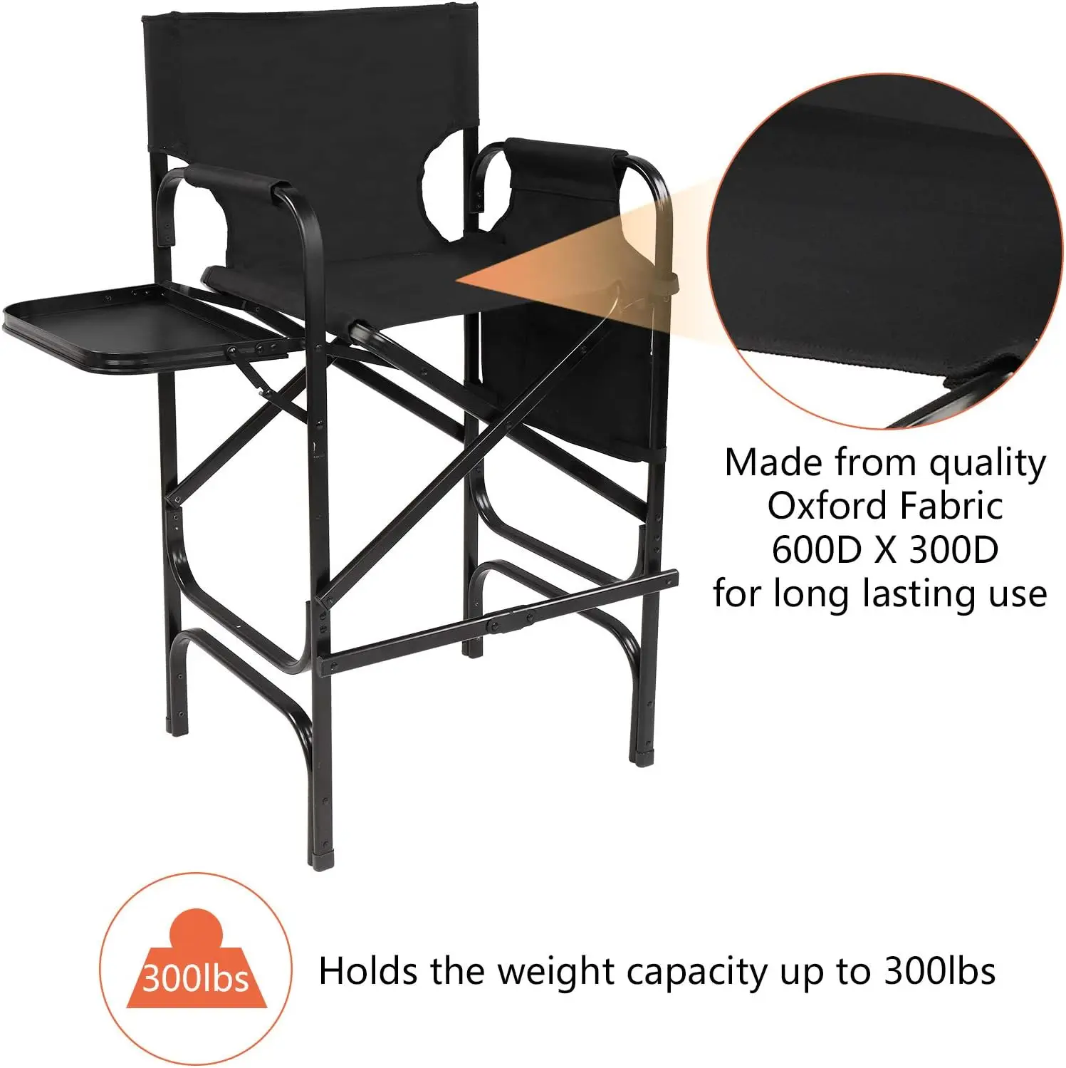 30" Tall Directors Chair Black Folding with Side Table Storage Bag,300 lbs Capacity, 19.2" D x 23.6" W x 45.6" H
30" Tall Directors Chair Black Folding with Side Table Storage Bag,300 lbs Capacity, 19.2" D x 23.6" W x 45.6" H