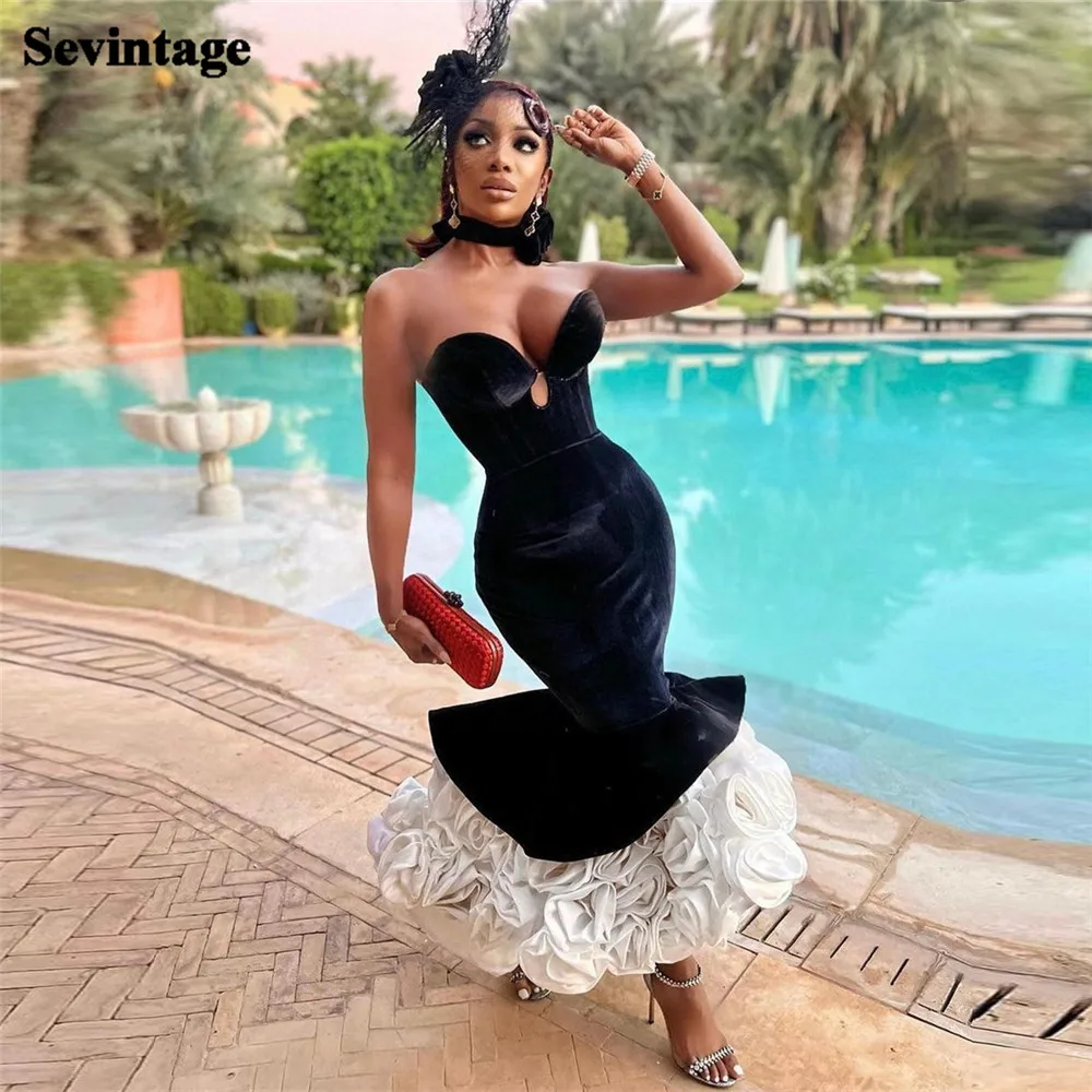 Sevintage Sexy Black African Sheath Prom Dresses Velvet Mermaid Strapless 3D Flowers Ankle Length Formal Occasion Dresses 2024
Sevintage Sexy Black African Sheath Prom Dresses Velvet Mermaid Strapless 3D Flowers Ankle Length Formal Occasion Dresses 2024