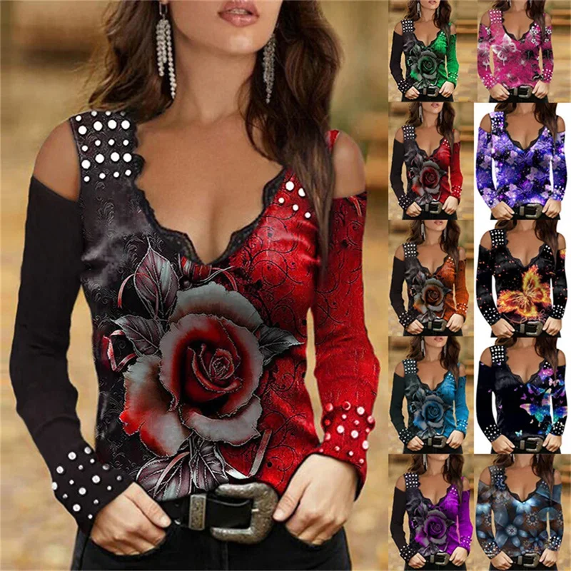 2021 Women Sexy V Neck Off Shoulder Shirts Tops Rose Printed Women's Long-Sleeved T-Shirt Fashion Casual Slim Street Clothing
2021 Women Sexy V Neck Off Shoulder Shirts Tops Rose Printed Women's Long-Sleeved T-Shirt Fashion Casual Slim Street Clothing