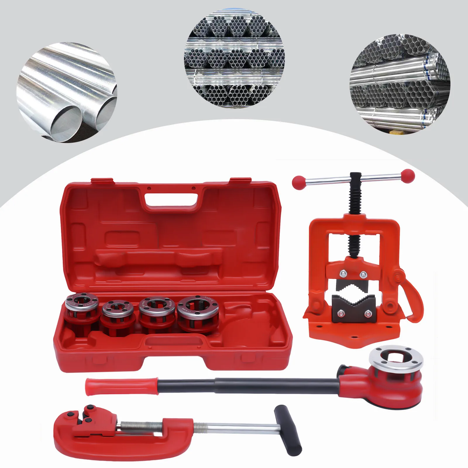 5 Dies Manual Pipe Threader Kit - BSPT Thread Type for 3/8" to 1-1/4" Pipes, Professional and DIY Plumbing Tool
5 Dies Manual Pipe Threader Kit - BSPT Thread Type for 3/8" to 1-1/4" Pipes, Professional and DIY Plumbing Tool