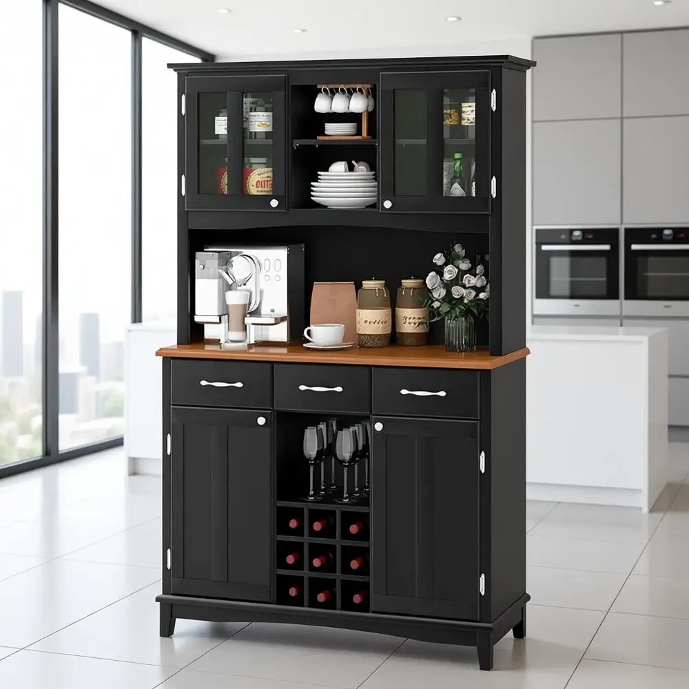 Modern Freestanding Kitchen Buffet with Wine Rack, Tempered Glass Doors, Adjustable Shelves, Drawers, and Microwave Stand in Bla
Modern Freestanding Kitchen Buffet with Wine Rack, Tempered Glass Doors, Adjustable Shelves, Drawers, and Microwave Stand in Bla