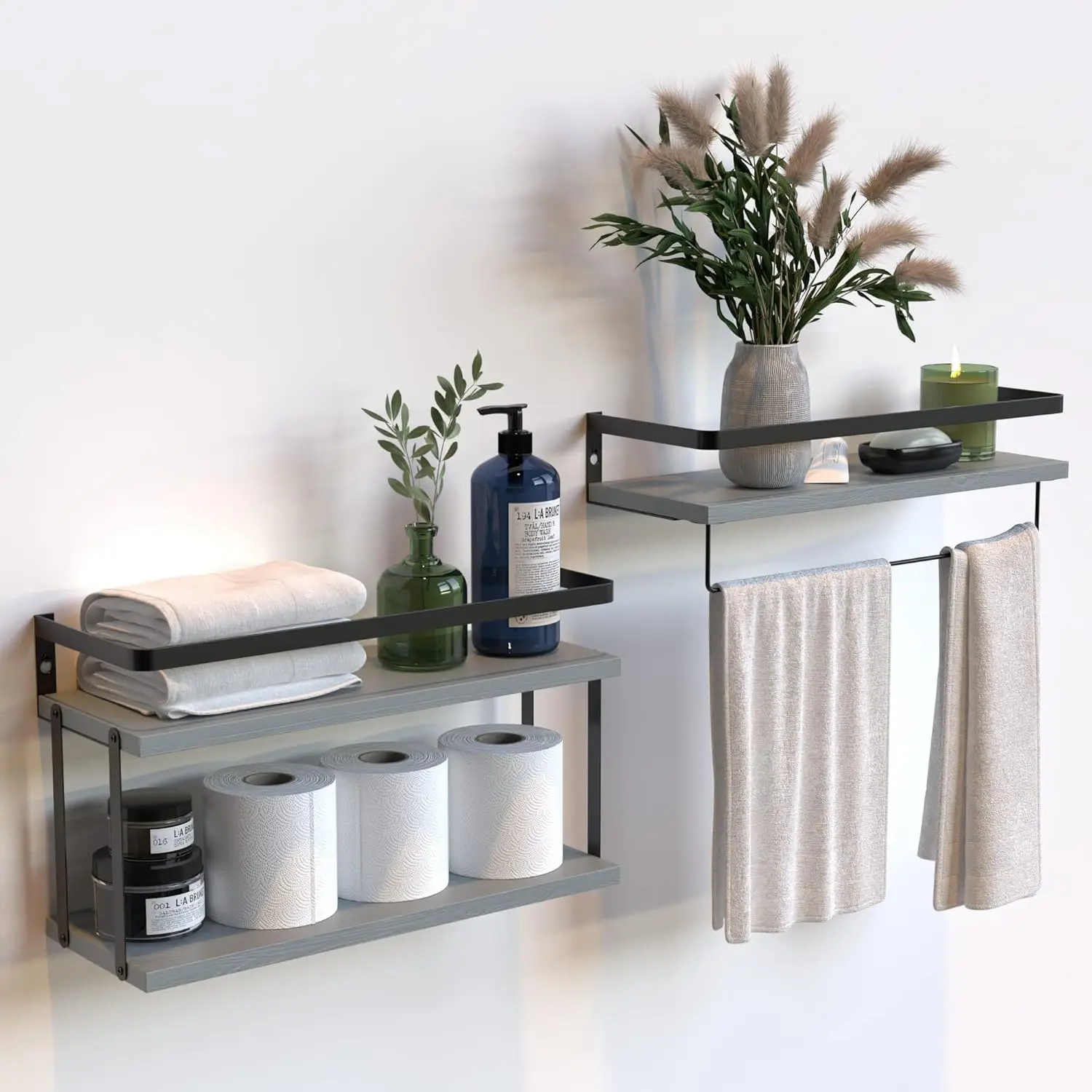 2+1 Tier Wall Mounted Floating Shelves Set of 2, Rustic Wood Wall Shelf with Metal Frame, Extra Storage Rack for Bathro
2+1 Tier Wall Mounted Floating Shelves Set of 2, Rustic Wood Wall Shelf with Metal Frame, Extra Storage Rack for Bathro
