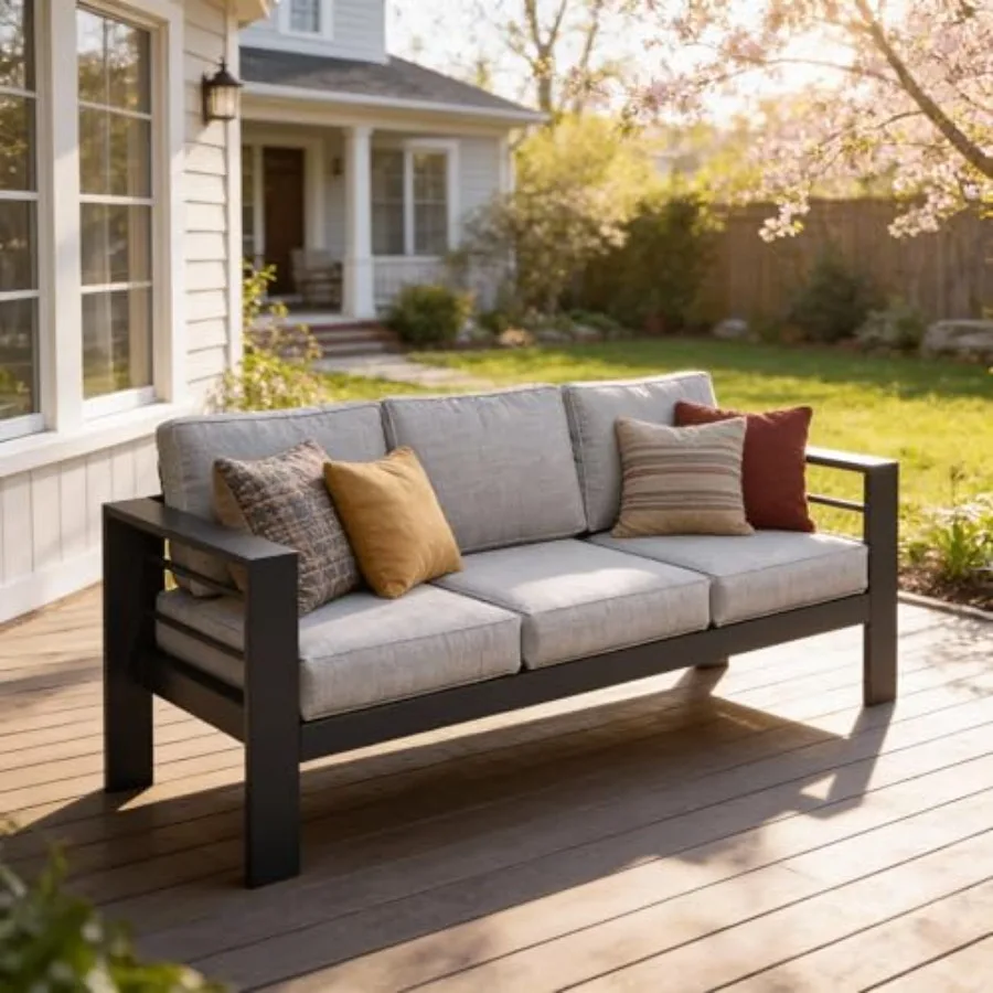Outdoor couch for balcony and porch use, aluminum frame, gray, all-weather durability with 5-inch thick soft cushion and wide a
Outdoor couch for balcony and porch use, aluminum frame, gray, all-weather durability with 5-inch thick soft cushion and wide a