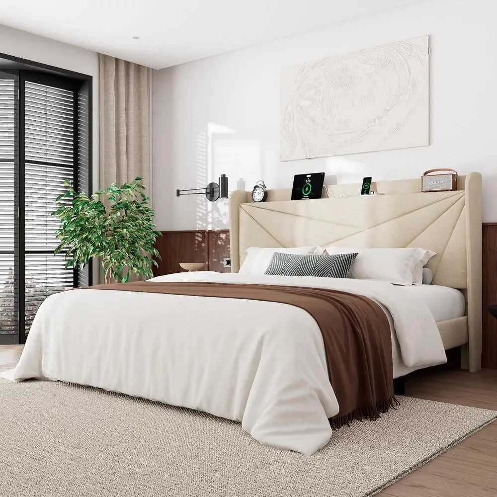 Queen Bed Frame with Charging Station, Upholstered Platform Bed Frame with Wingback Storage Headboard 
Queen Bed Frame with Charging Station, Upholstered Platform Bed Frame with Wingback Storage Headboard