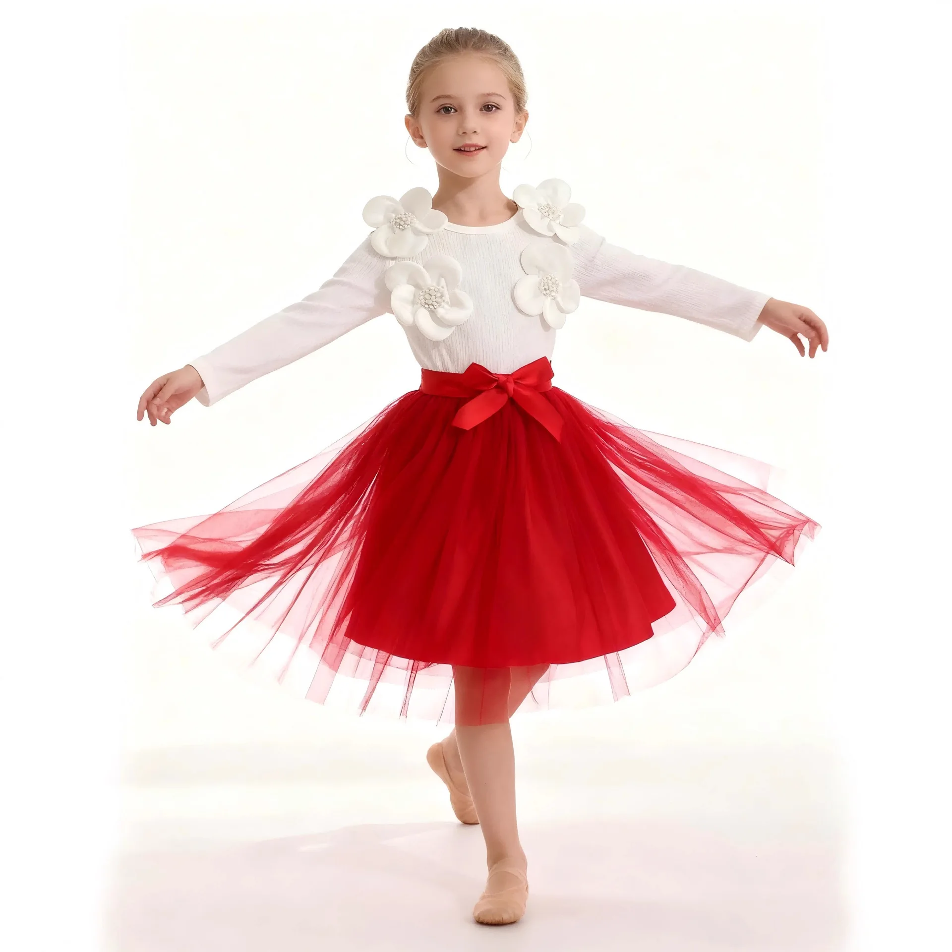 Baby Girls' Elegant Red Round Neck Long Sleeve Tulle Mesh Dress with 3D Floral Bow for Autumn&Spring Children Clothing For 4-7Y
Baby Girls' Elegant Red Round Neck Long Sleeve Tulle Mesh Dress with 3D Floral Bow for Autumn&Spring Children Clothing For 4-7Y