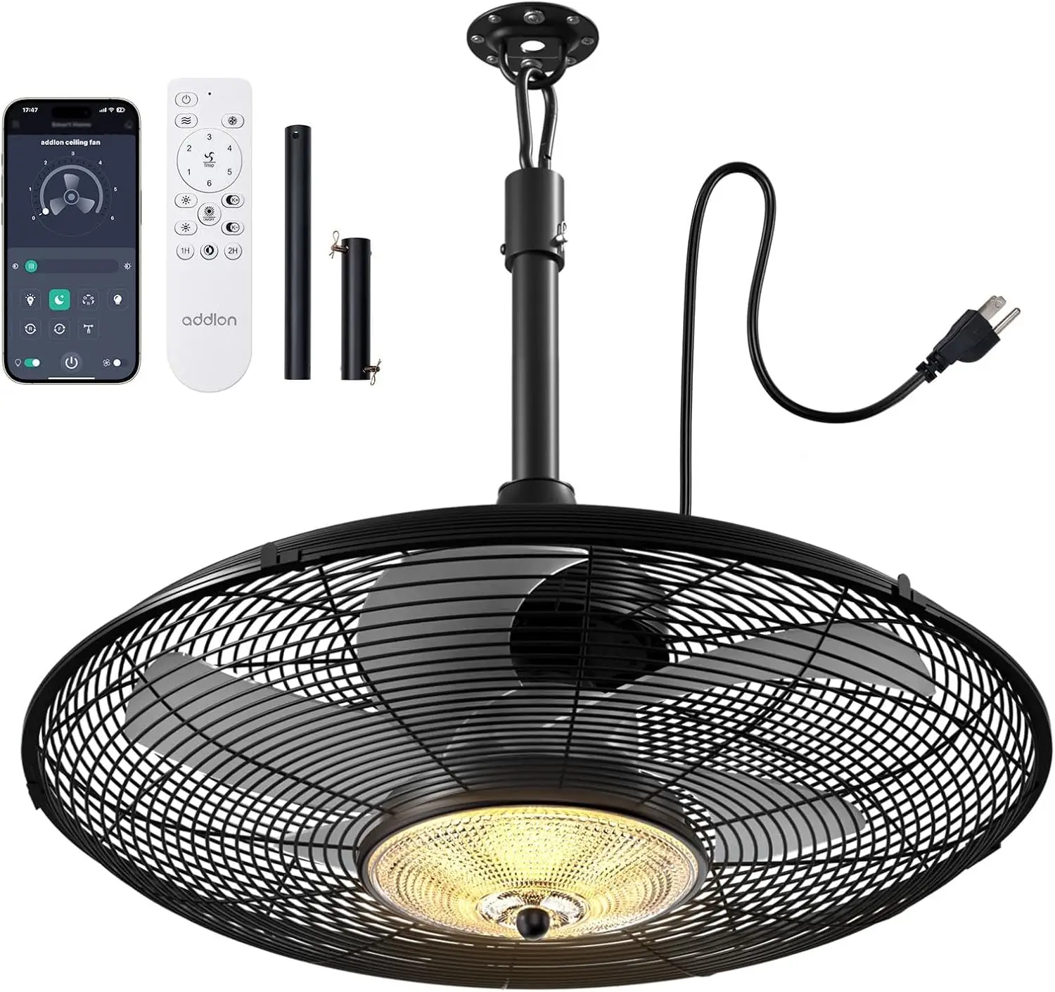 Patio Ceiling Fan with Light, 20-Inch IP65 Waterproof, Remote & App Control, 6 Speeds, 3CCT Dimmable, Plug-in Hanging Caged Fan with Hook, for Pergola Porch Canopy Gazebo
Patio Ceiling Fan with Light, 20-Inch IP65 Waterproof, Remote & App Control, 6 Speeds, 3CCT Dimmable, Plug-in Hanging Caged Fan with Hook, for Pergola Porch Canopy Gazebo