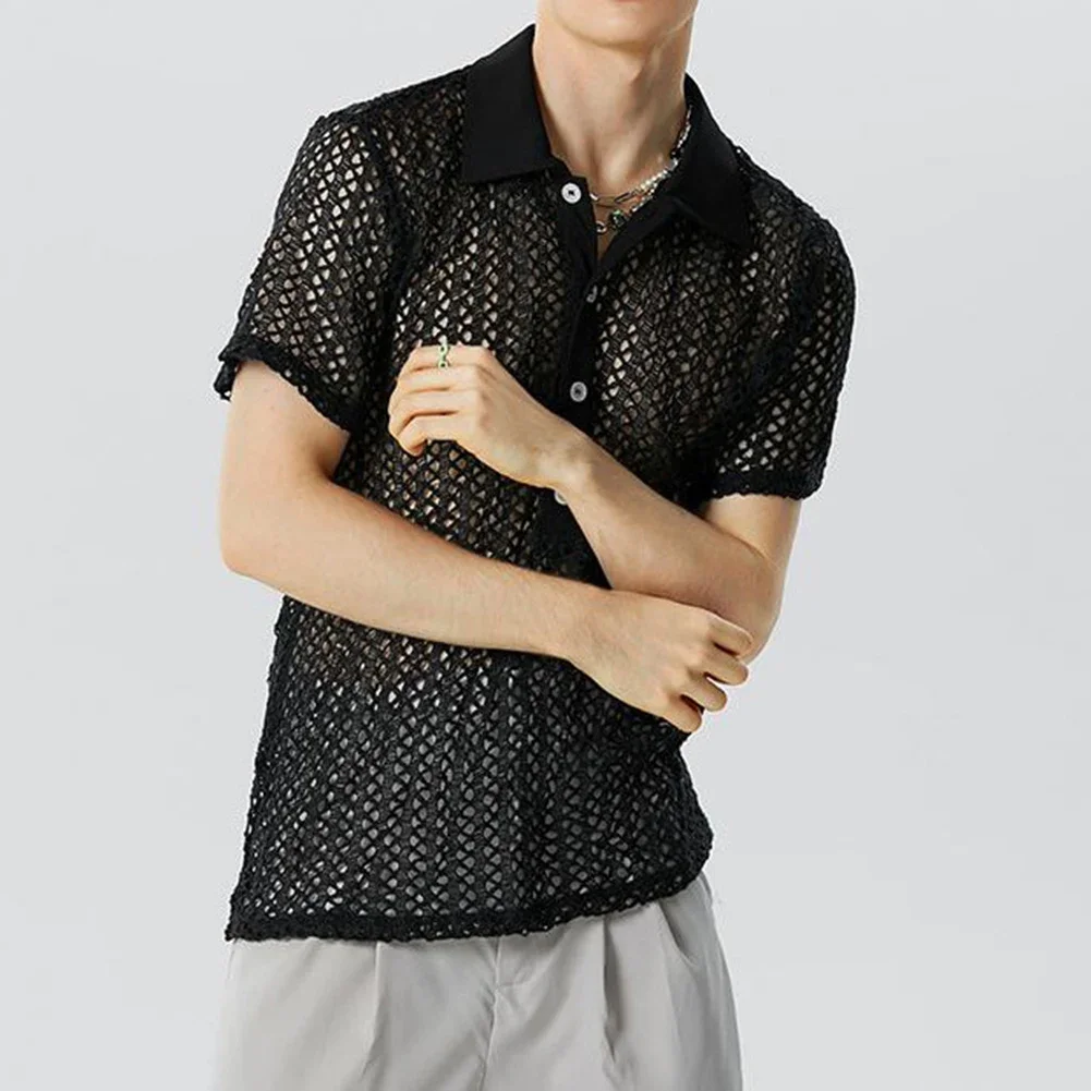 Men Sexy Summer Mesh Transparent Hollow Out Lapel Short Sleeve Shirt Fashion Streetwear Versatile Knitted Loose Men's Shirts
Men Sexy Summer Mesh Transparent Hollow Out Lapel Short Sleeve Shirt Fashion Streetwear Versatile Knitted Loose Men's Shirts