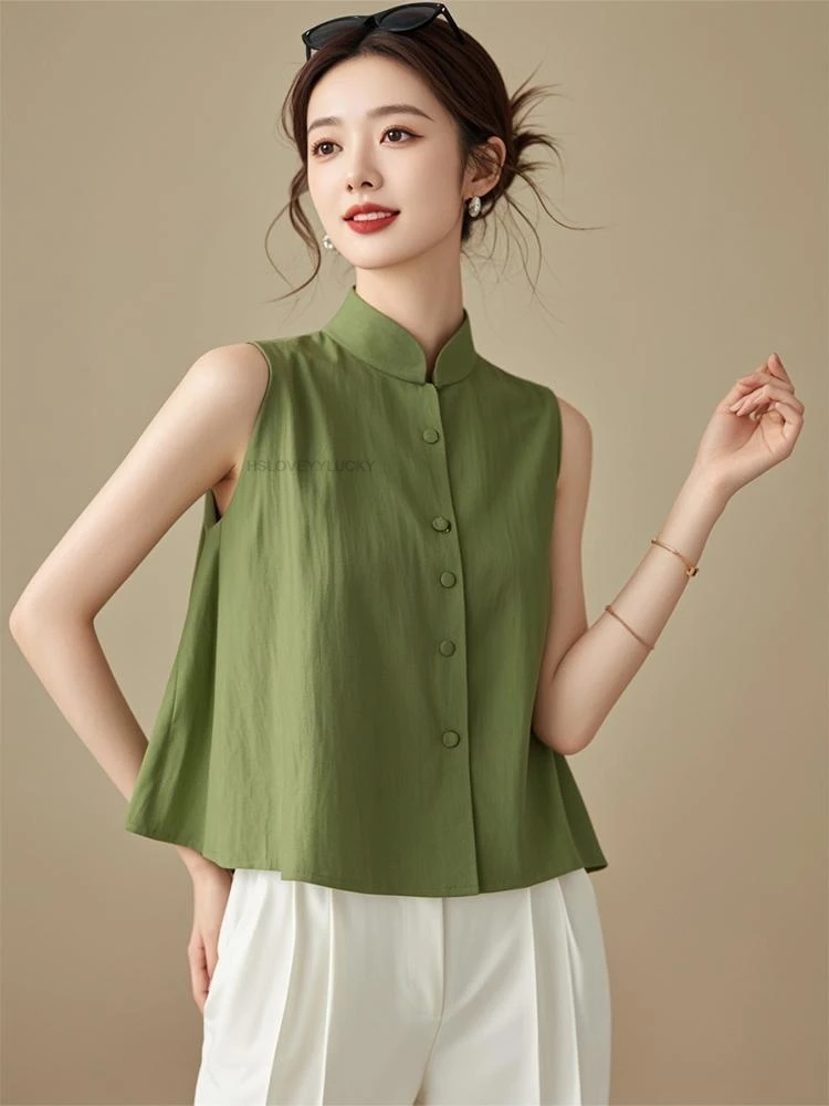 Summer Cotton and Linen Women's Shirt Sleeveless Loose Solid Color Top Stand Collar Vintage T-shirt Button-up Women's Blouse
Summer Cotton and Linen Women's Shirt Sleeveless Loose Solid Color Top Stand Collar Vintage T-shirt Button-up Women's Blouse