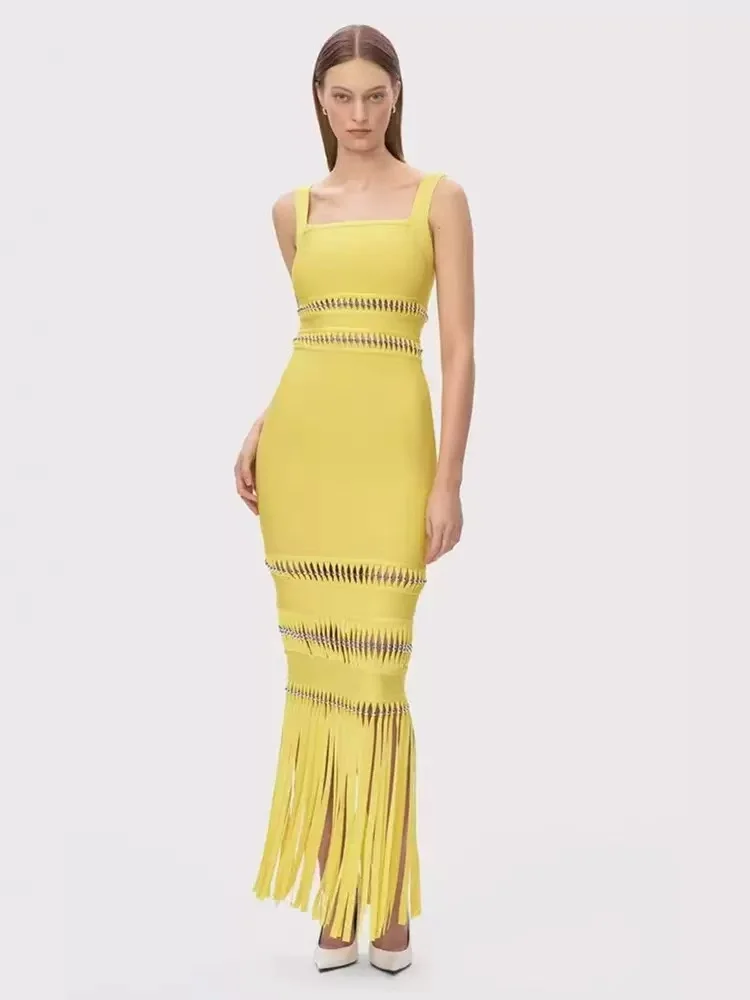 High quality summer women new yellow slvveless slim tassel long bandage dress elegant fashion party dress
High quality summer women new yellow slvveless slim tassel long bandage dress elegant fashion party dress