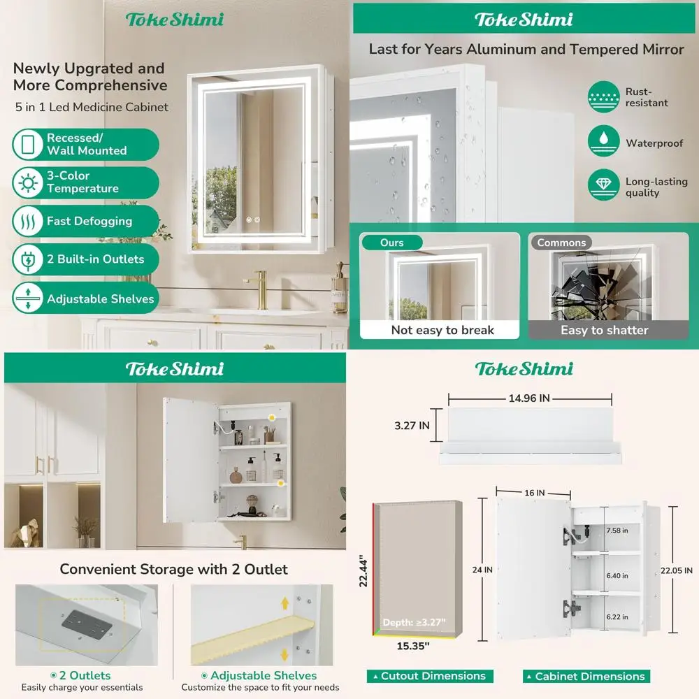 16x24 Inch White LED Lighted Medicine Cabinet with 3-Color Step Dimming, Mirrored Door, Storage, and Outlets
16x24 Inch White LED Lighted Medicine Cabinet with 3-Color Step Dimming, Mirrored Door, Storage, and Outlets