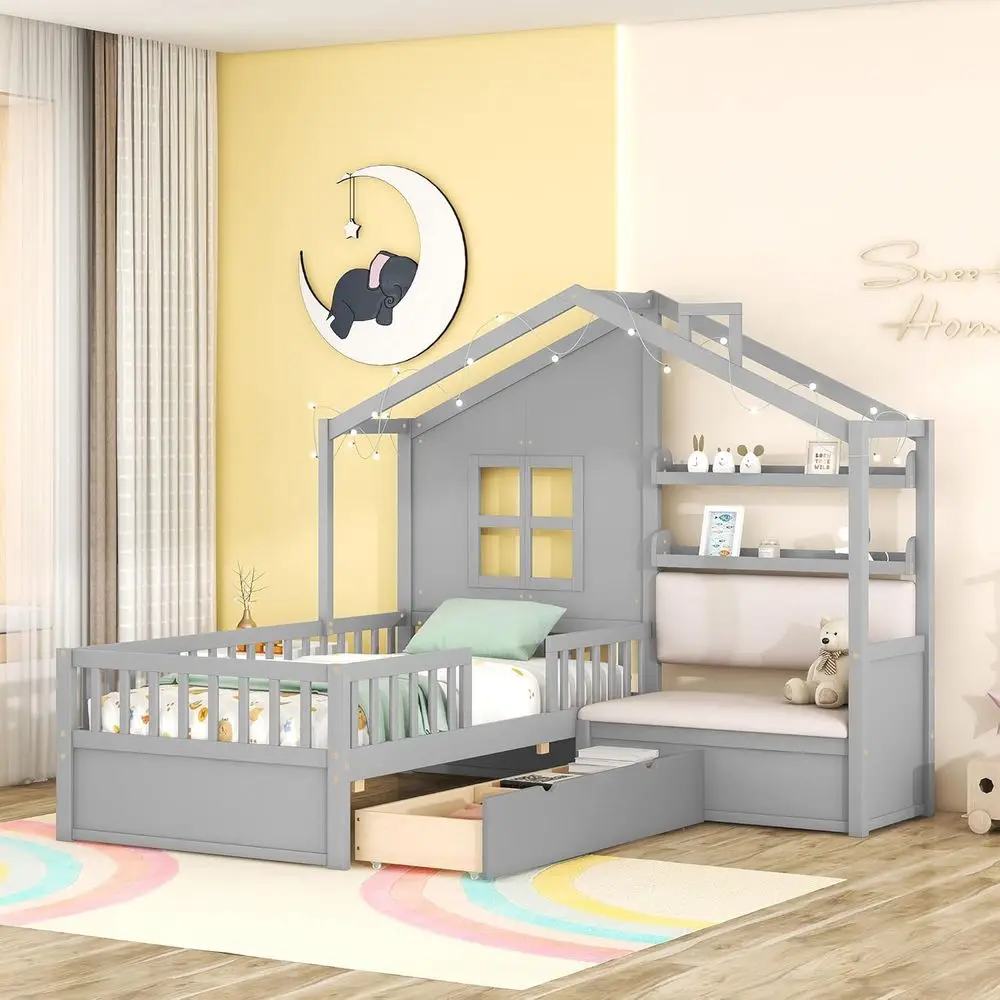 Twin House Bed with Upholstered Sofa, 2 Drawers, Storage Shelves, and Tall Rails for Kids in Grey
Twin House Bed with Upholstered Sofa, 2 Drawers, Storage Shelves, and Tall Rails for Kids in Grey