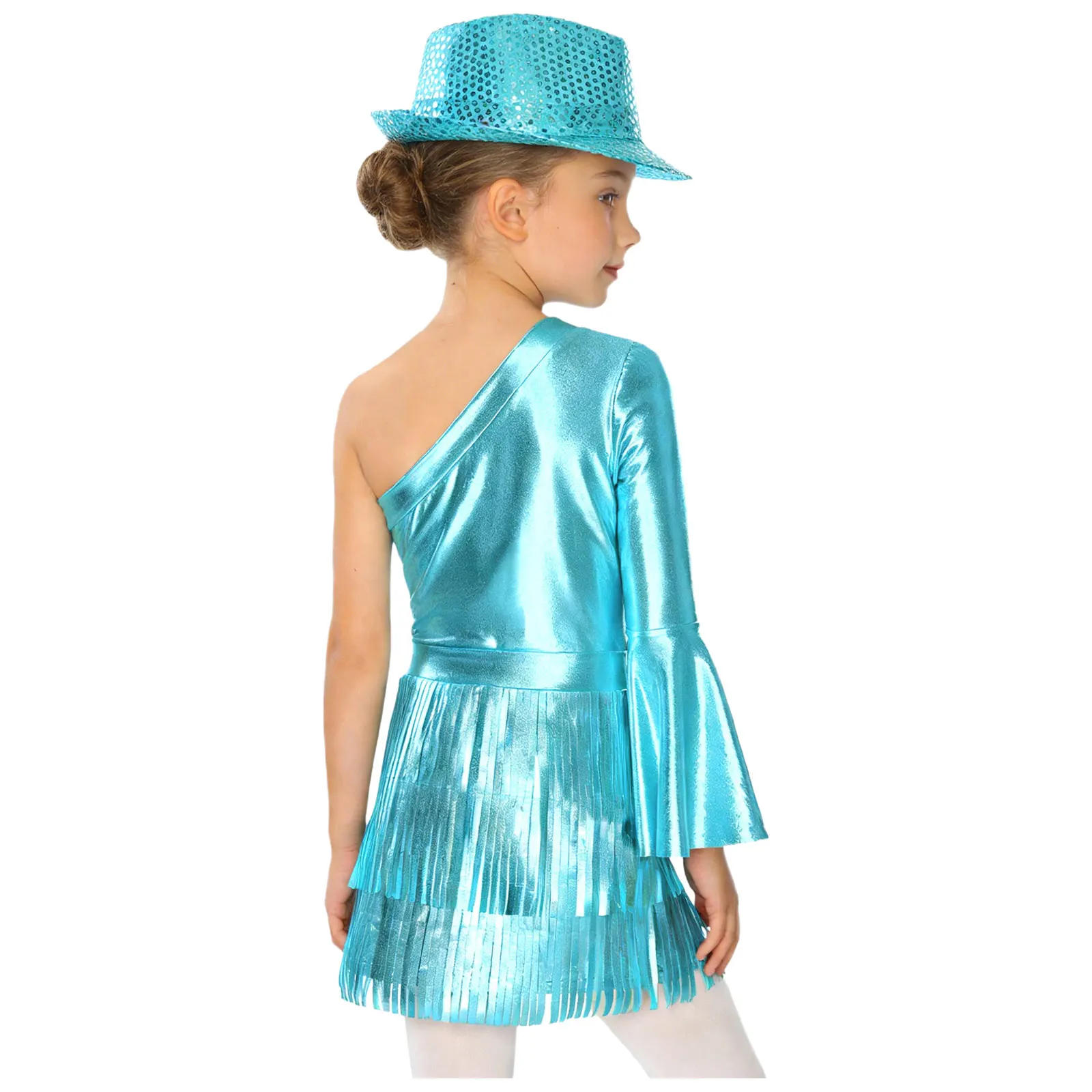 Girls Latin Disco Dancewear Western Cowgirl Cosplay Costume Outfit Metallic Glossy Long Flare Sleeve Bodysuit Fringed Skirt Hat
Girls Latin Disco Dancewear Western Cowgirl Cosplay Costume Outfit Metallic Glossy Long Flare Sleeve Bodysuit Fringed Skirt Hat