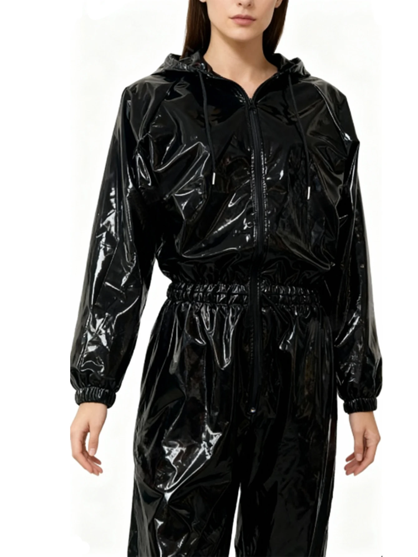 Women's Elastic Glossy Imitation Leather Hooded Jumpsuit, Waist, Cuffs with Elastic Bands, Women's Loose Waterproof PU Jumpsuit
Women's Elastic Glossy Imitation Leather Hooded Jumpsuit, Waist, Cuffs with Elastic Bands, Women's Loose Waterproof PU Jumpsuit