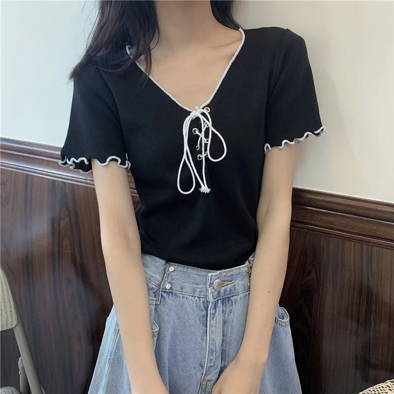 Women Summer V-Neck Short Sleeve Y2k Harajuku Tops Casual sweet Black Bandage Tee Shirts Kawaii Cute Femme Korean T Shirt Crop
Women Summer V-Neck Short Sleeve Y2k Harajuku Tops Casual sweet Black Bandage Tee Shirts Kawaii Cute Femme Korean T Shirt Crop
