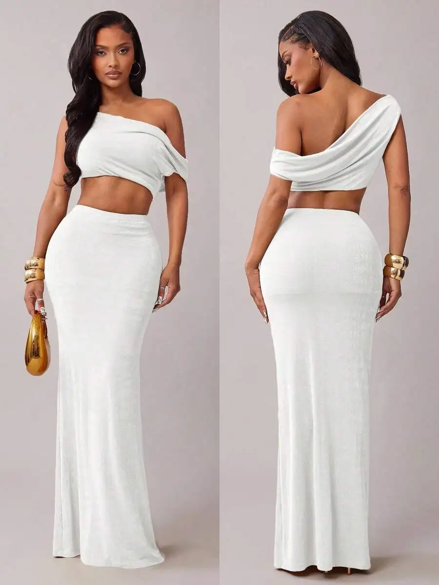 Elegant White Asymmetric Off-Shoulder Crop Top And Long Skirt Two Piece Set
Elegant White Asymmetric Off-Shoulder Crop Top And Long Skirt Two Piece Set