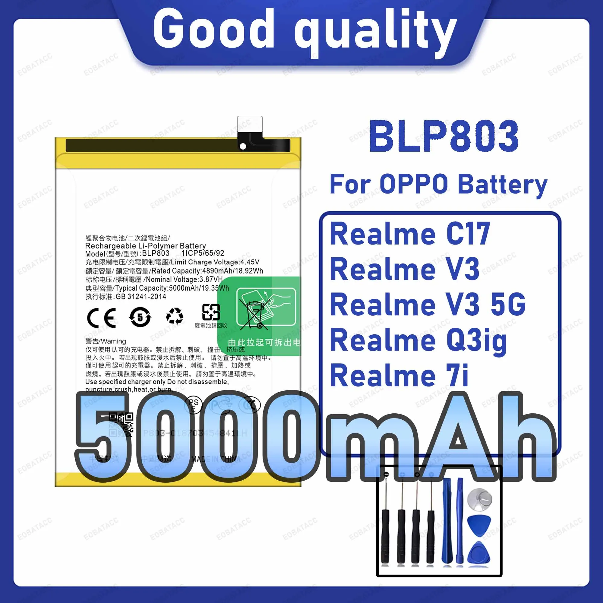 5000mAh BLP803 Replacement Battery for Realme C17/Realme V3/Realme Q3ig/Realme 7i with Repair Tools Kit
5000mAh BLP803 Replacement Battery for Realme C17/Realme V3/Realme Q3ig/Realme 7i with Repair Tools Kit