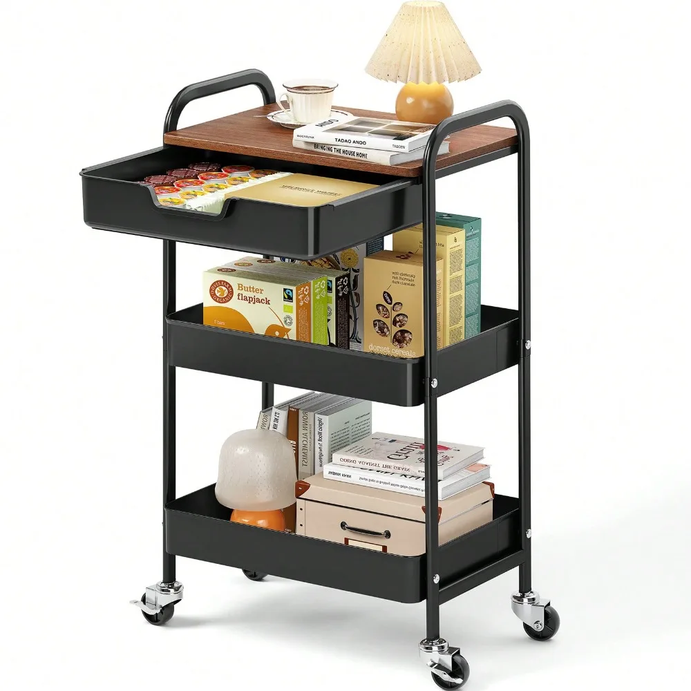 3-Tier Utility Rolling Cart With Wooden Board And Drawer, Metal Storage Cart With Handle, Black Trolley Kitchen Organi
3-Tier Utility Rolling Cart With Wooden Board And Drawer, Metal Storage Cart With Handle, Black Trolley Kitchen Organi
