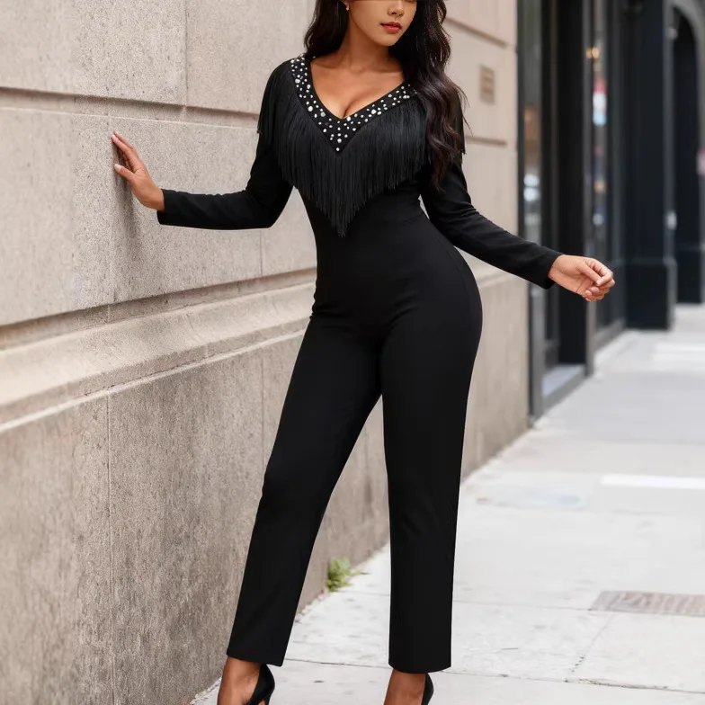 Black Long-sleeved Tassel Jumpsuit With V-neck, Beaded Details, Slim Fit, Party Style, Slimming Jumpsuit
Black Long-sleeved Tassel Jumpsuit With V-neck, Beaded Details, Slim Fit, Party Style, Slimming Jumpsuit