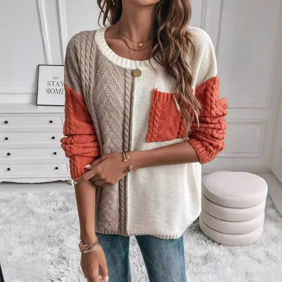 Women's Color Block Cable Knit Sweater Round Neck Button Front Patch Pocket Long Sleeve Casual Pullover Sweater
Women's Color Block Cable Knit Sweater Round Neck Button Front Patch Pocket Long Sleeve Casual Pullover Sweater