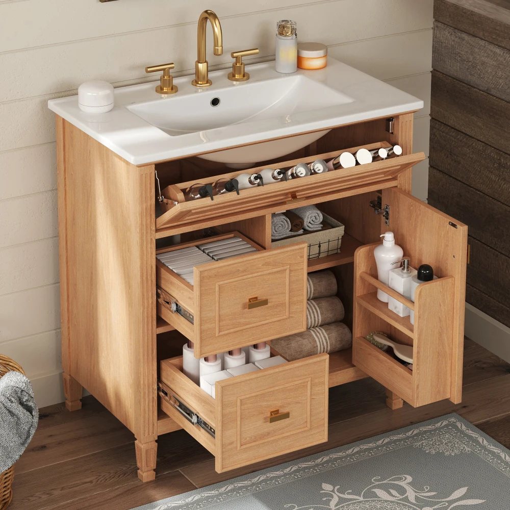 30 Inch Natural Bathroom Vanity with Sink, Solid Wood MDF Vanity Cabinet with Flip Drawer, 2 Storage Drawers & Adjustable Inner Shelf, Bathroom Storage Furniture
30 Inch Natural Bathroom Vanity with Sink, Solid Wood MDF Vanity Cabinet with Flip Drawer, 2 Storage Drawers & Adjustable Inner Shelf, Bathroom Storage Furniture