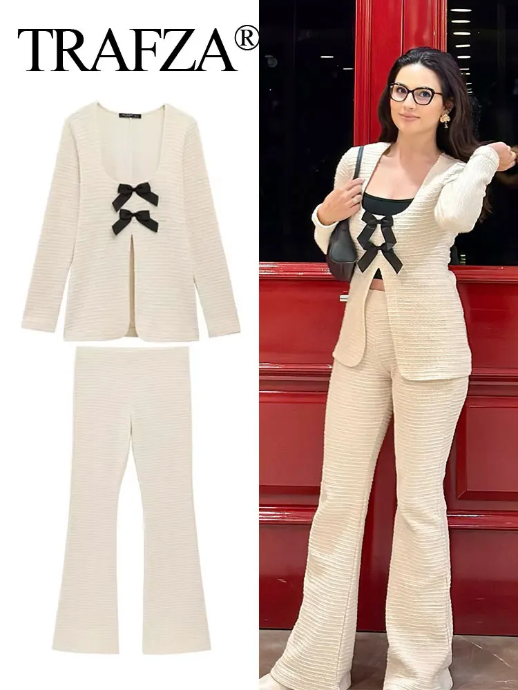 TRAFZA New Fashion Women 2 Piece Set Texture Bow Hem Slit Decorate Square Collar Top+High Waist Leisure Beige Trousers Mujer
TRAFZA New Fashion Women 2 Piece Set Texture Bow Hem Slit Decorate Square Collar Top+High Waist Leisure Beige Trousers Mujer
