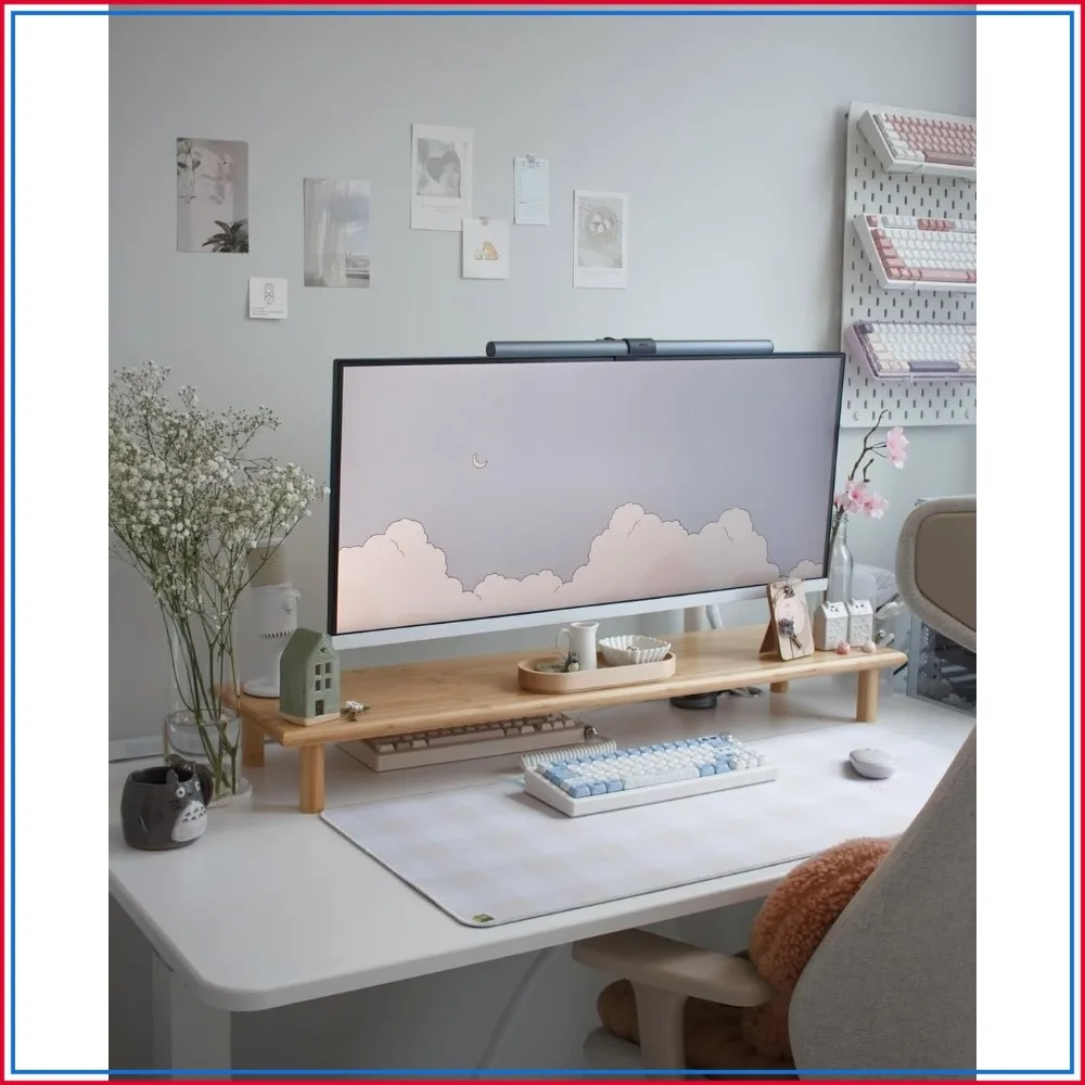 Bamboo Dual Monitor Stand Riser, Heavy Duty 300 lbs Capacity, Underneath Storage for Desk