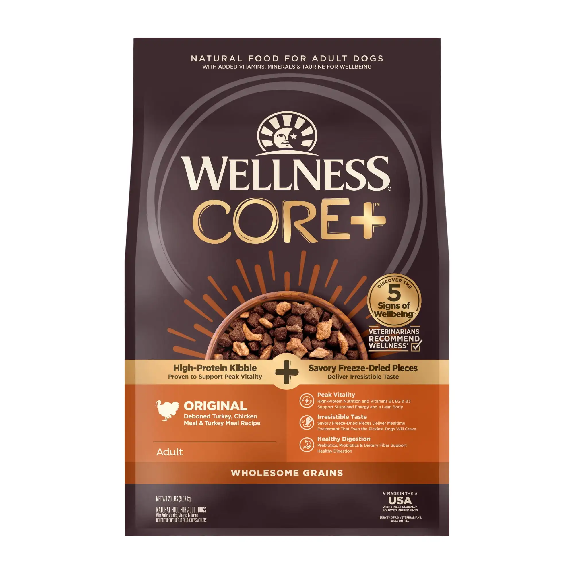 Wellness CORE+ зернистый сухой корм для собак, оригинальный рецепт с сублимированной индейкой, пакет 20 фунтов
Wellness CORE+ зернистый сухой корм для собак, оригинальный рецепт с сублимированной индейкой, пакет 20 фунтов