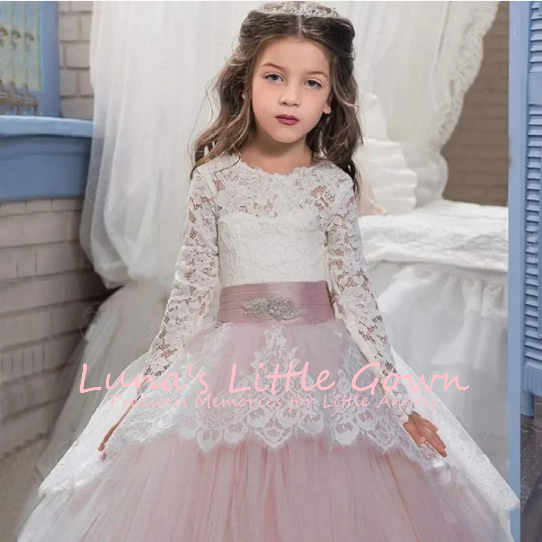 Kids Formal Pink Tulle White Lace Long Sleeve Gown Crystal Belt For First Communion Wedding Birthday Floor Dress Customized
Kids Formal Pink Tulle White Lace Long Sleeve Gown Crystal Belt For First Communion Wedding Birthday Floor Dress Customized