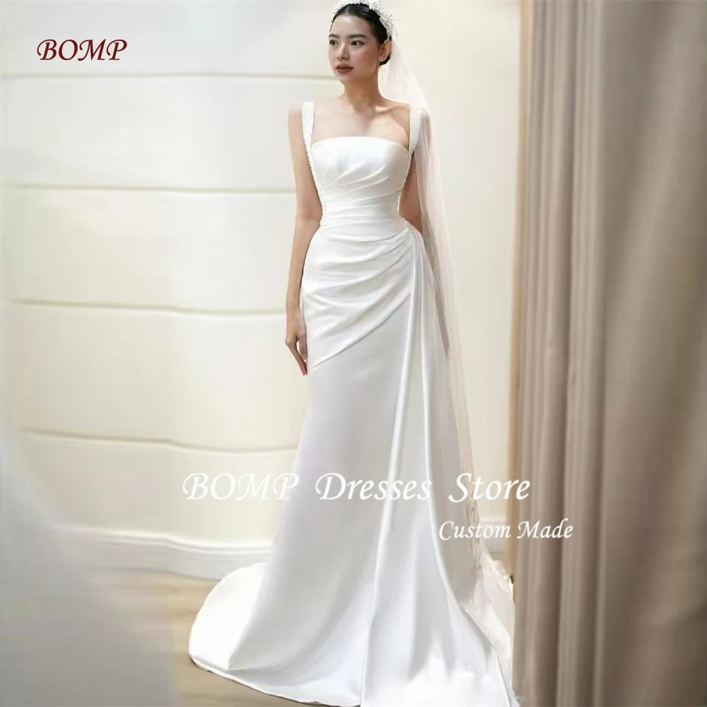 BOMP Simple Elegant White Mermaid Wedding Dresses Wide Straps Pleats Floor Length Bridal Gowns Robe de mariage Customized
BOMP Simple Elegant White Mermaid Wedding Dresses Wide Straps Pleats Floor Length Bridal Gowns Robe de mariage Customized