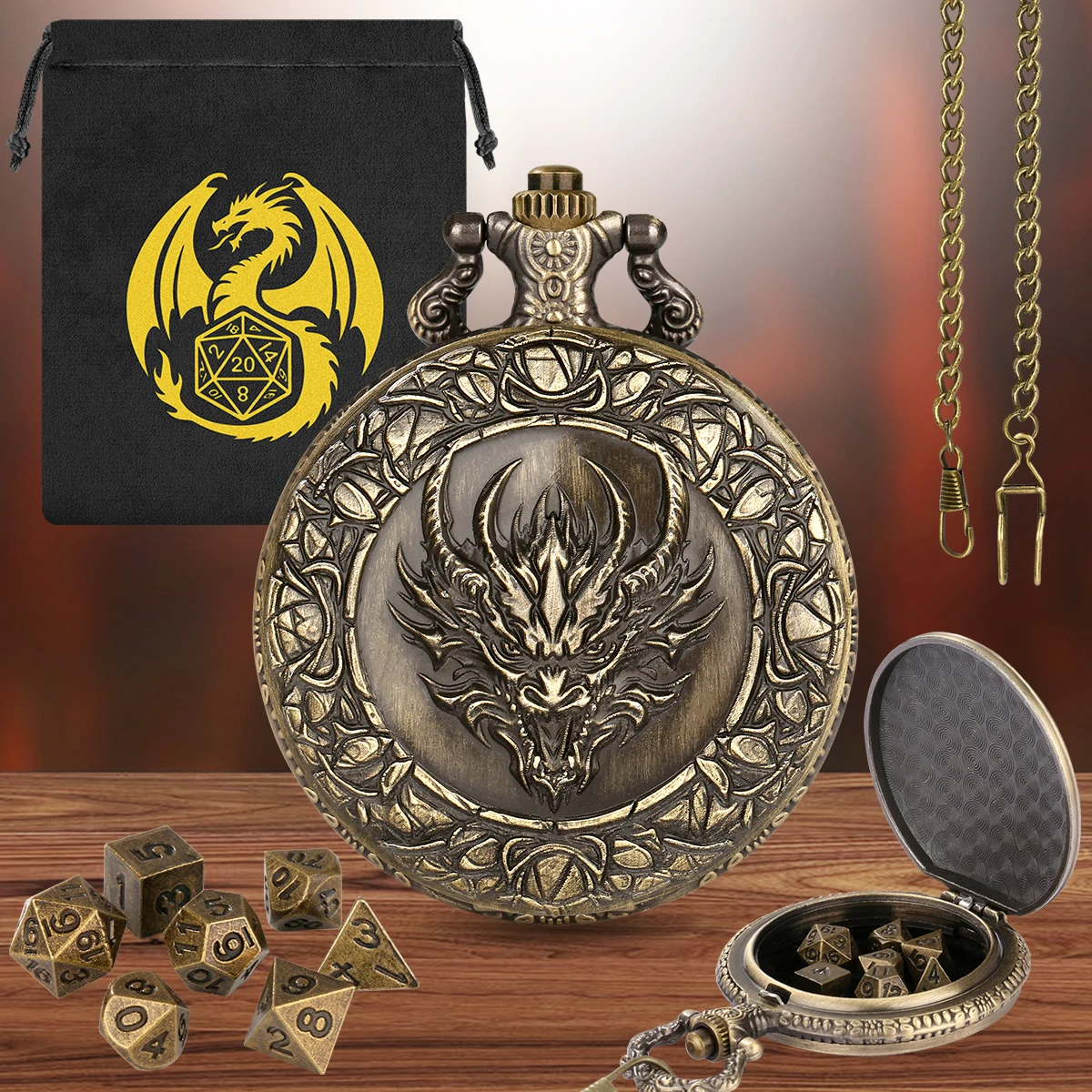 5pcs Steampunk Dragon Head Metal Pocket Watch Case Mini Polyhedral Dice Set Retro Pocket Chain Pendant Gift for Game Dice Lovers
5pcs Steampunk Dragon Head Metal Pocket Watch Case Mini Polyhedral Dice Set Retro Pocket Chain Pendant Gift for Game Dice Lovers