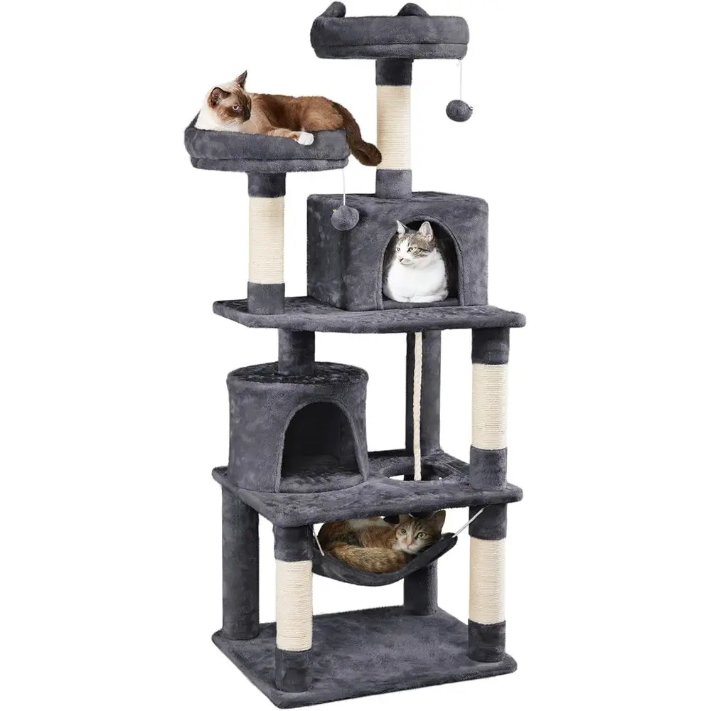 62.5 Cat Tree with Platform, Hammock, and Scratching Posts - Gray Kitty Playhouse
62.5 Cat Tree with Platform, Hammock, and Scratching Posts - Gray Kitty Playhouse