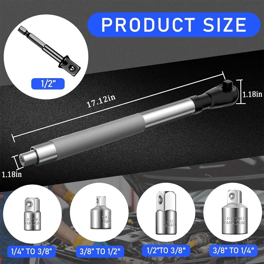 Offset Extension Wrench for Electric Drills,ratchet extension includes with 1/2" 3/8" 1/4" Square Drive Adapters
Offset Extension Wrench for Electric Drills,ratchet extension includes with 1/2" 3/8" 1/4" Square Drive Adapters