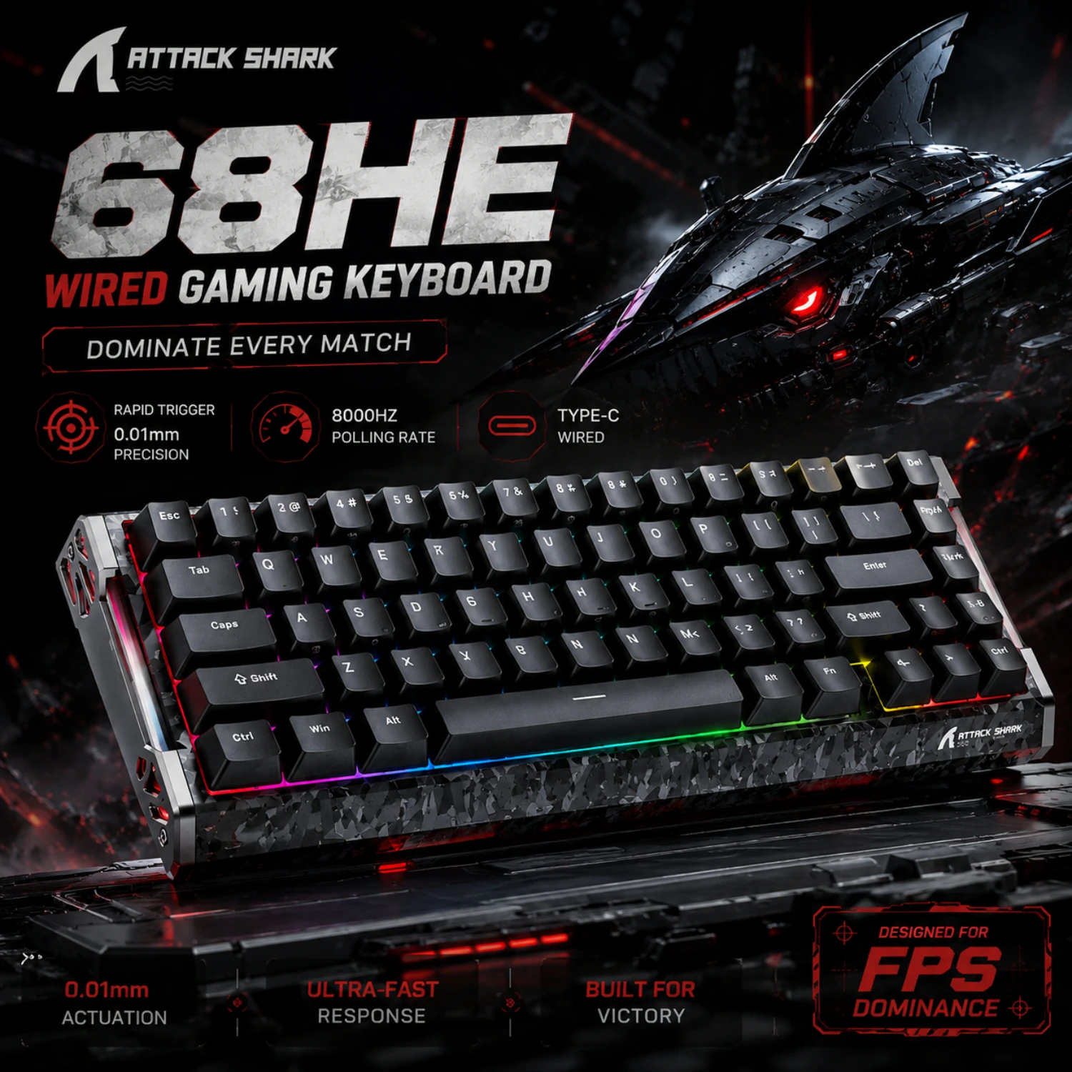 R68HE Attack Shark R68 Magnetic Gaming Keyboard 8K Hz Forged Carbon Fiber Shell 0.005mm RT Full Hot-Swap Mechanical Keyboard
R68HE Attack Shark R68 Magnetic Gaming Keyboard 8K Hz Forged Carbon Fiber Shell 0.005mm RT Full Hot-Swap Mechanical Keyboard