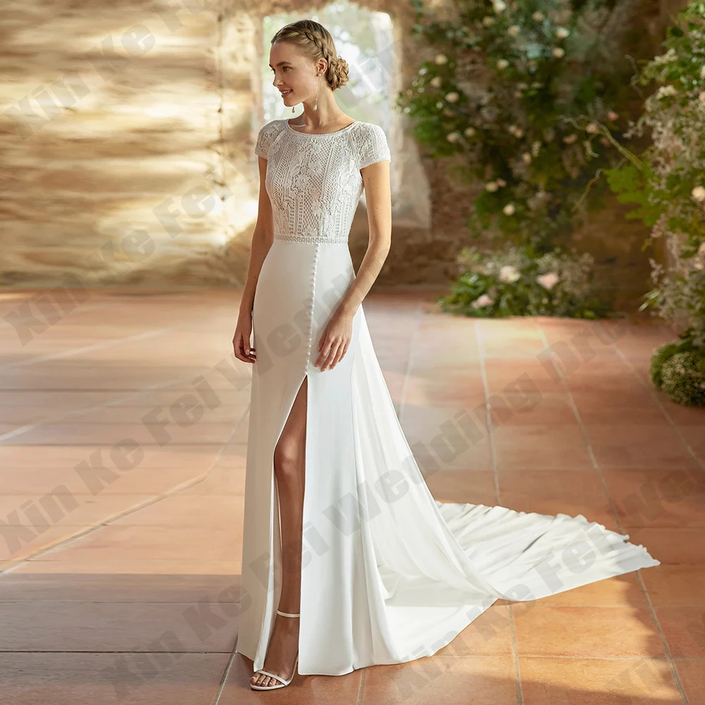 Chiffon Women's Bridal Gowns Elegant Round Neck Lace Short Sleeve Princess Ball Wedding Dresses Formal Party customized Robe De
Chiffon Women's Bridal Gowns Elegant Round Neck Lace Short Sleeve Princess Ball Wedding Dresses Formal Party customized Robe De