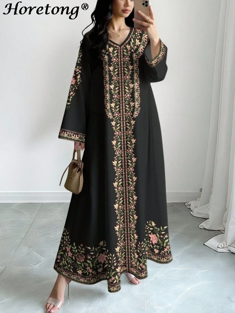 Horetong Spring Autumn Muslim Abaya Women Dress Floral Print V Neck Flare Long Sleeve Loose Modest Islamic Elegant Maxi Robe
Horetong Spring Autumn Muslim Abaya Women Dress Floral Print V Neck Flare Long Sleeve Loose Modest Islamic Elegant Maxi Robe