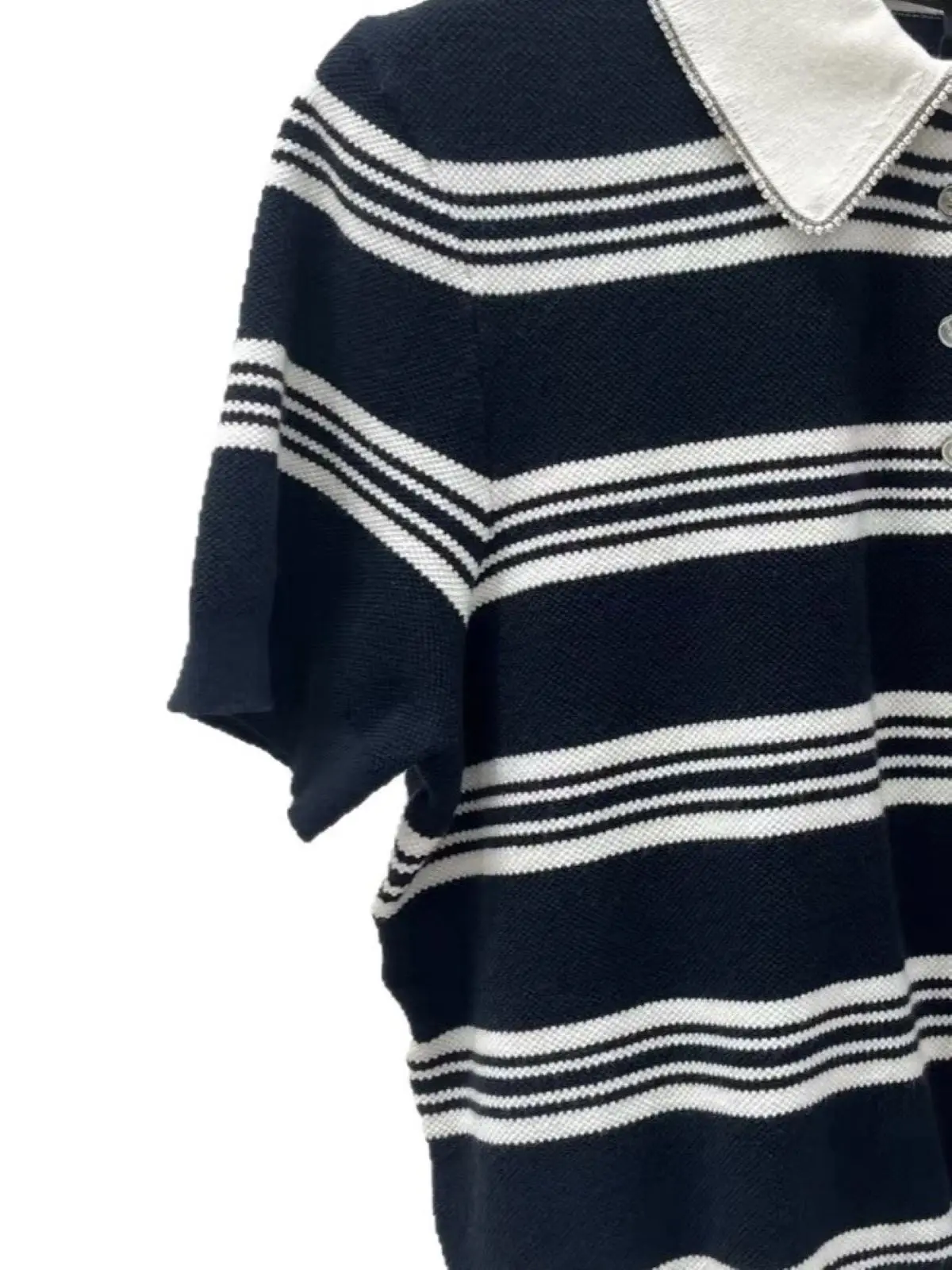 Spring/Summer Women Polo Collar Short Sleeve Striped Rhinestone Contrast Solid Knit Pullover Single Breasted Loose Casual Top
Spring/Summer Women Polo Collar Short Sleeve Striped Rhinestone Contrast Solid Knit Pullover Single Breasted Loose Casual Top