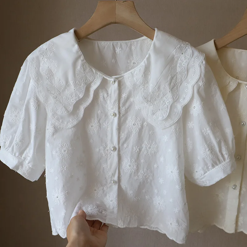 French Style Embroidered Lace Collar Bubble Sleeve Short Shirt Women's Summer Cotton Gentle Top Doll Collar Shirt Female Premium
French Style Embroidered Lace Collar Bubble Sleeve Short Shirt Women's Summer Cotton Gentle Top Doll Collar Shirt Female Premium