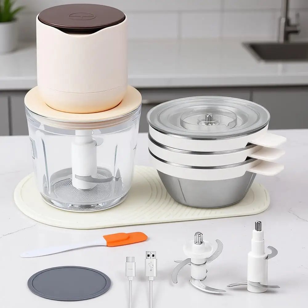 4-in-1 Small Food Processor Set with 600ml Glass Bowl, 3*240ml Stainless Steel Bowls and 3+4 Blades, USB-C Rechargeable Battery
4-in-1 Small Food Processor Set with 600ml Glass Bowl, 3*240ml Stainless Steel Bowls and 3+4 Blades, USB-C Rechargeable Battery