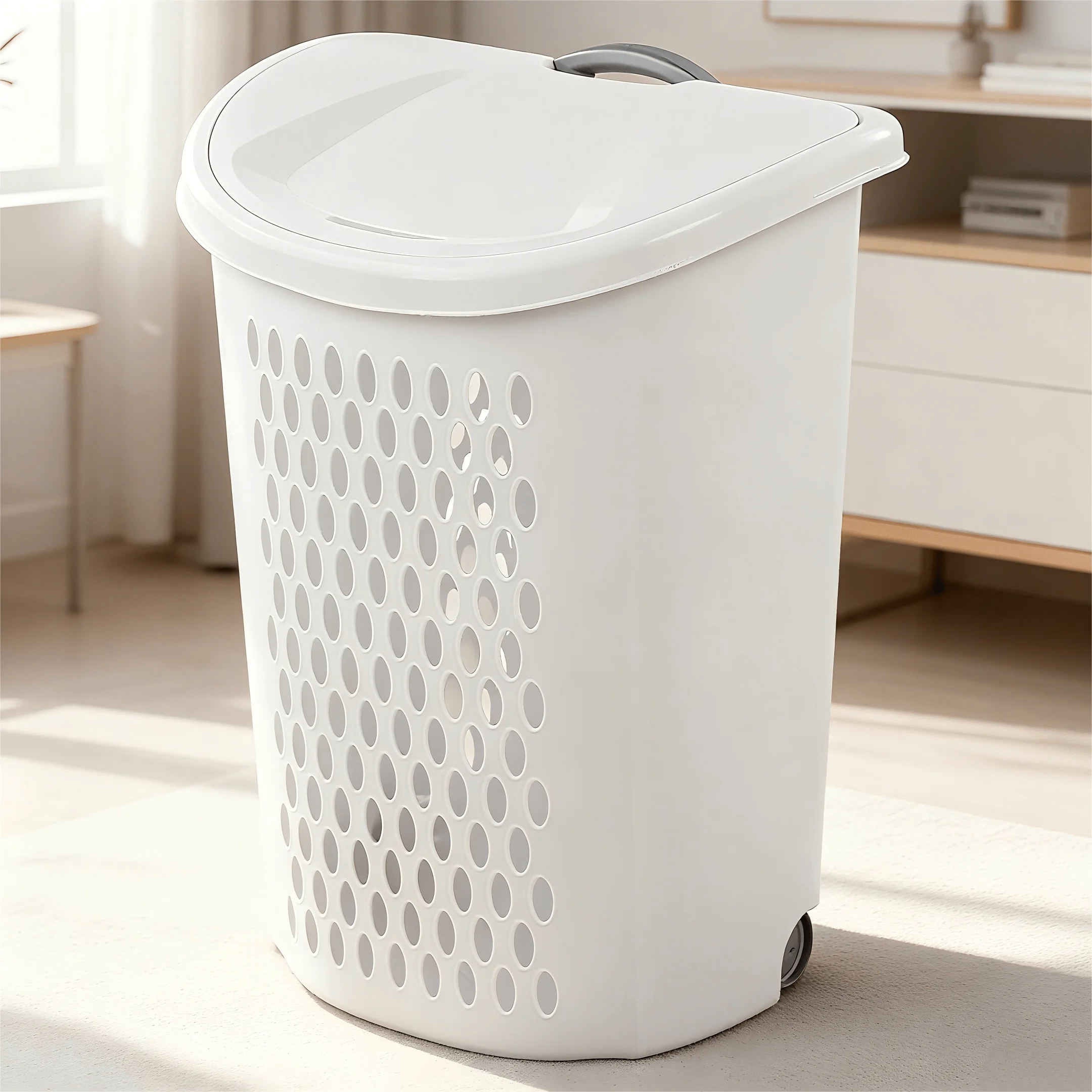 White Wheeled Laundry Hamper: Plastic + Handle For Bedroom/Bathroom Easy Transport
White Wheeled Laundry Hamper: Plastic + Handle For Bedroom/Bathroom Easy Transport