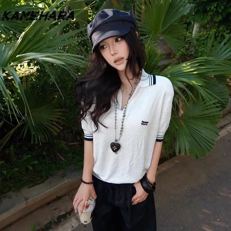 KAMEHARA Japanese Hollowed Out V-neck Knitted Short Sleeved Women's Summer White Lapel Y2k T-shirt Loose Home Style Top 민소매 티 여성
KAMEHARA Japanese Hollowed Out V-neck Knitted Short Sleeved Women's Summer White Lapel Y2k T-shirt Loose Home Style Top 민소매 티 여성