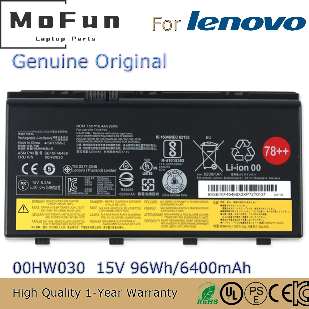 Brand New Original 78++ 00HW030 15V 96Wh Laptop Battery for Lenovo ThinkPad P70 P71 4ICR18/65-2 01AV451 SB10F46468 etc.
Brand New Original 78++ 00HW030 15V 96Wh Laptop Battery for Lenovo ThinkPad P70 P71 4ICR18/65-2 01AV451 SB10F46468 etc.
