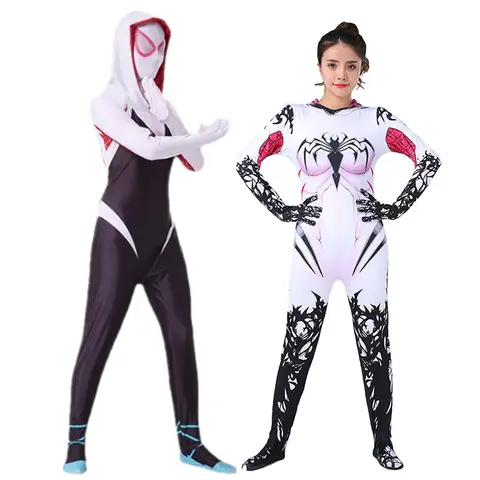 MARVEL Spider Gwen Venom Possessed Spiderman Costumes with Hood Girls Cartoon Comic Cosplay Halloween Party Dress Up Spandex