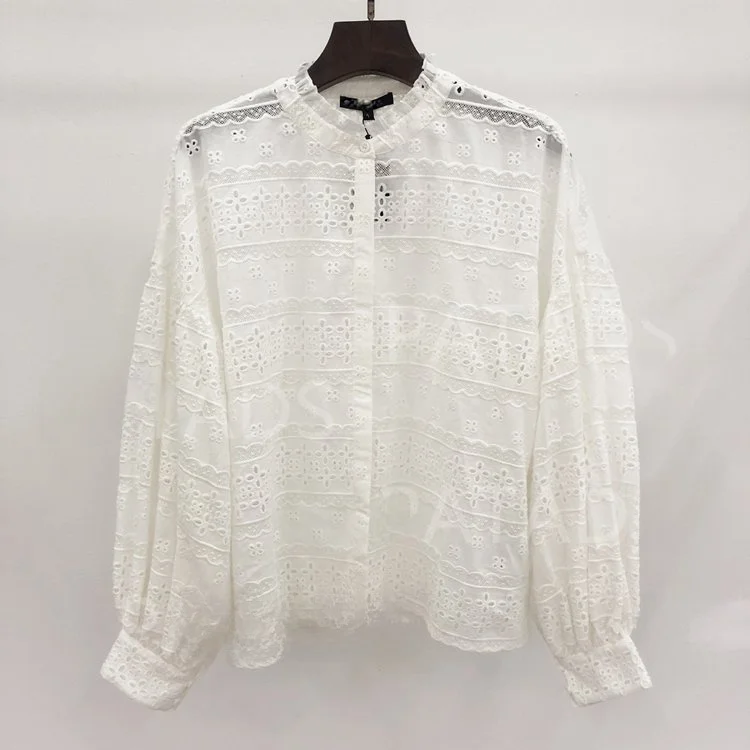 MaSandeM Весна 2023 Женская однотонная блузка с рукавами-фонариками, ажурным цветочным узором и воротником-стойкой для офиса и повседневной носки
MaSandeM Весна 2023 Женская однотонная блузка с рукавами-фонариками, ажурным цветочным узором и воротником-стойкой для офиса и повседневной носки