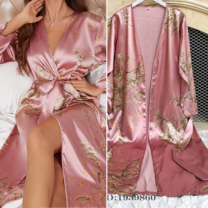Japanese Print Flower Kimono Bathrobe Gown Sleepwear Pink Satin Bride Wedding Long Robe Dress Nightgown Spring Female Homewear 
Japanese Print Flower Kimono Bathrobe Gown Sleepwear Pink Satin Bride Wedding Long Robe Dress Nightgown Spring Female Homewear