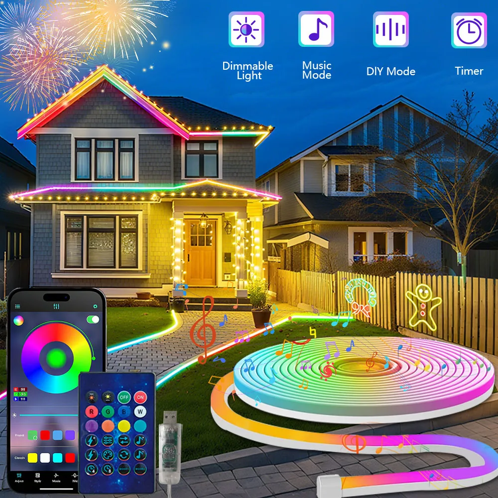 1/3/5/10M RGBIC LED Neon Strip Light with Remote Control Flexible Neon LED Strip Light IP65 Waterproof for Outdoor Home Decor
1/3/5/10M RGBIC LED Neon Strip Light with Remote Control Flexible Neon LED Strip Light IP65 Waterproof for Outdoor Home Decor